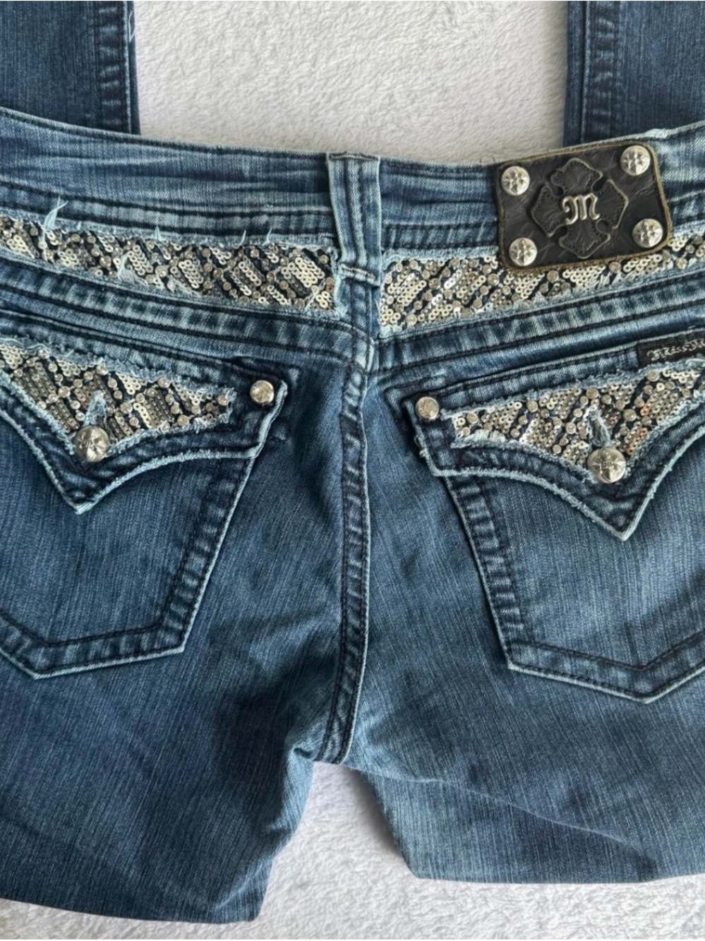 Miss Me Blue Denim Jeans with Silver Sequin Embellishment